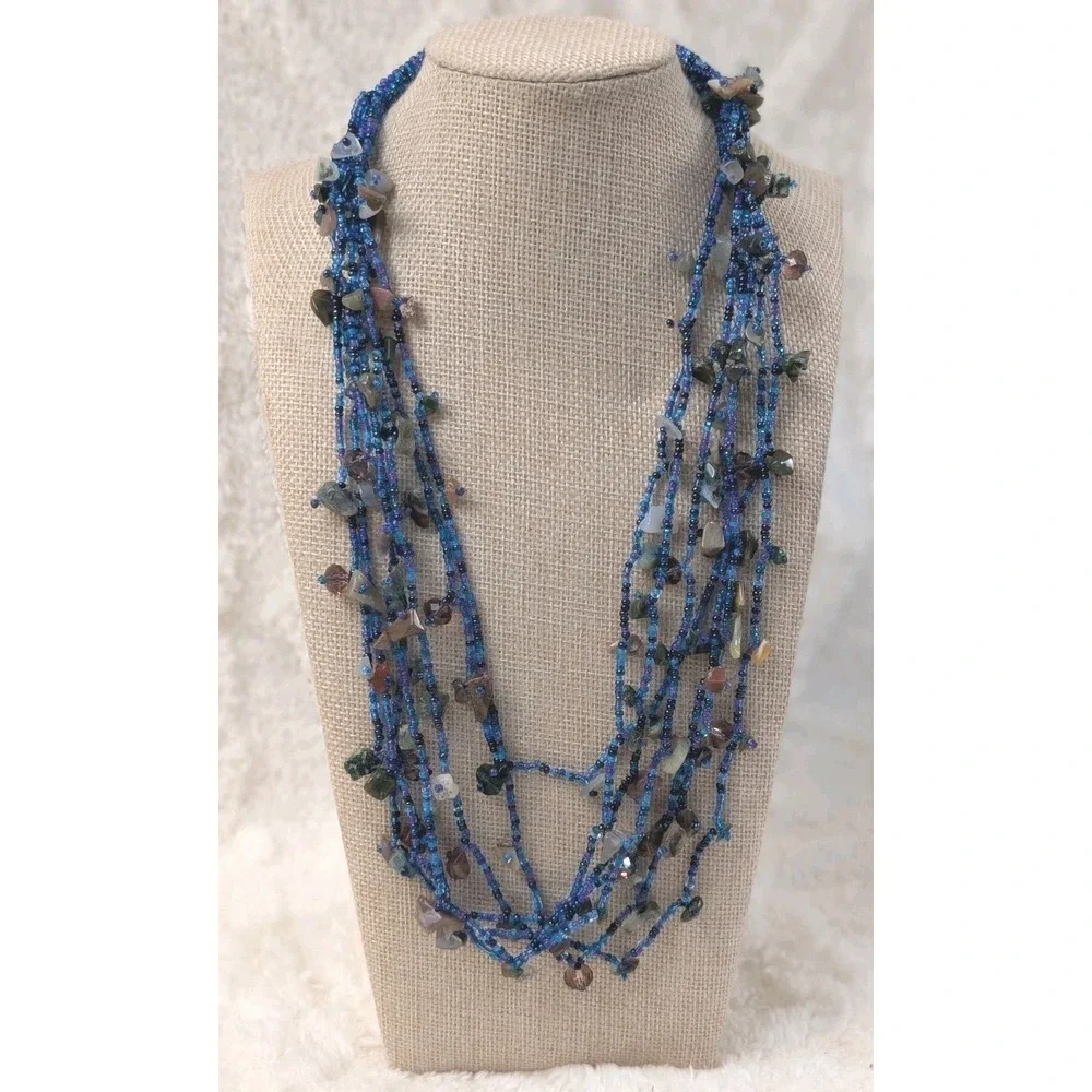 Artisan Blue Seed Bead Necklace Natural Stone Chip‎ Multi Strand Bohemian